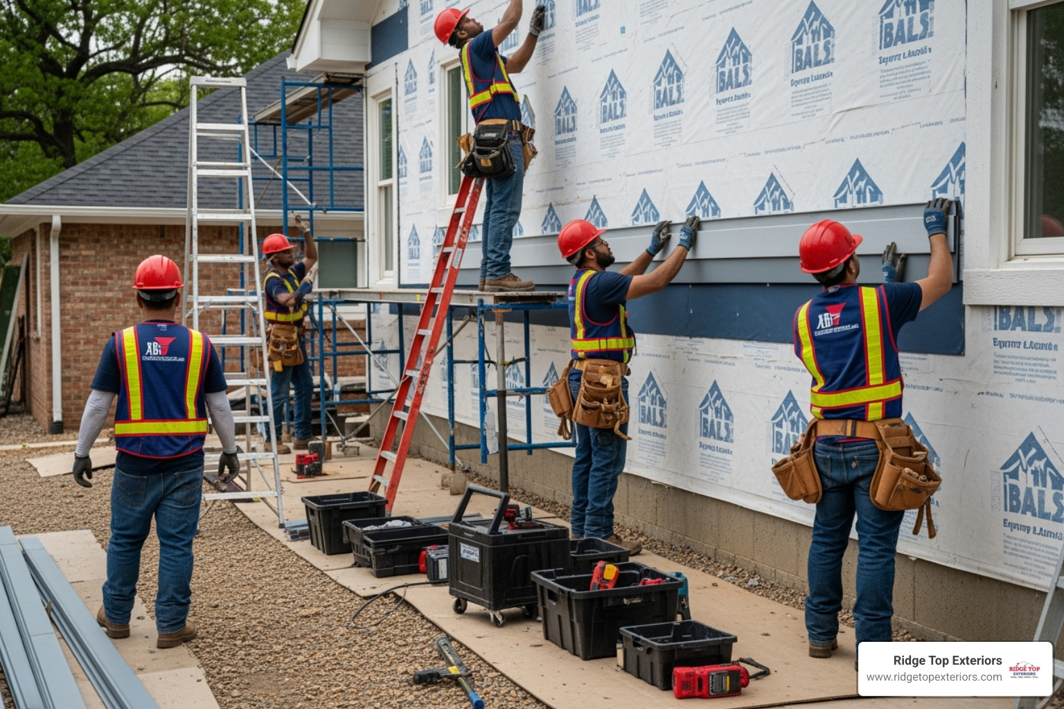 clean and organized siding job site with a professional crew at work - siding installation near me
