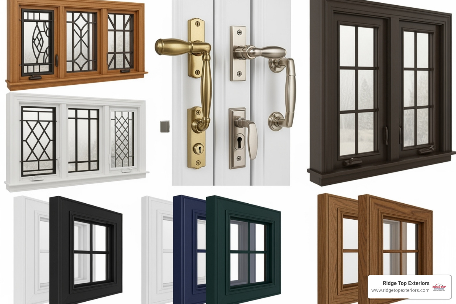 Collage of double-hung window grille patterns, hardware, and colors - double hung window
