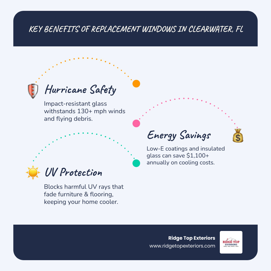 Infographic showing three main benefits of replacement windows in Clearwater FL: 1) Hurricane Safety - Impact-resistant glass withstands 130+ mph winds and flying debris, 2) Energy Bill Reduction - Low-E coatings and insulated glass can save $1,100+ annually on cooling costs, 3) UV Protection - Blocks harmful rays that fade furniture and flooring while keeping your home cooler - replacement windows Clearwater FL infographic infographic-line-3-steps-blues-accent_colors