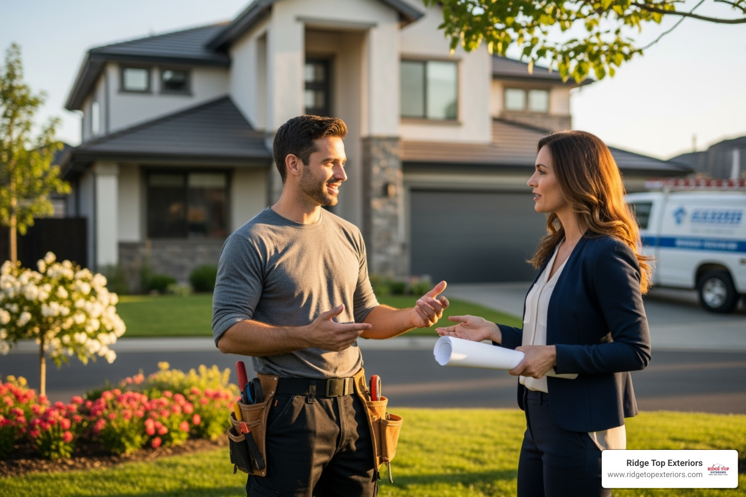 a friendly contractor talking with a homeowner - continuous gutter near me a friendly contractor talking with a homeowner - continuous gutter near me