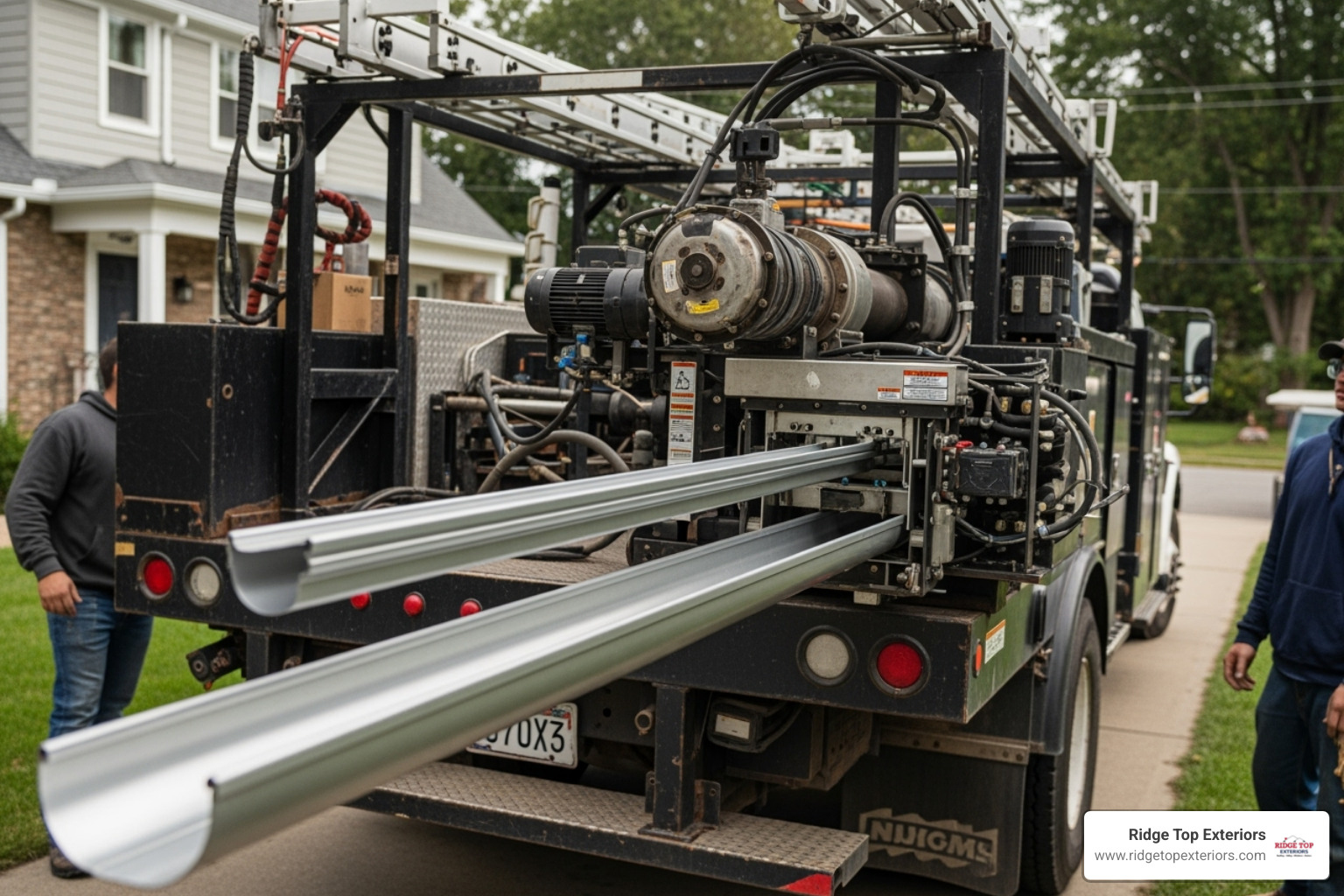 a gutter machine on a truck extruding a long piece of seamless gutter - continuous gutter near me a gutter machine on a truck extruding a long piece of seamless gutter - continuous gutter near me