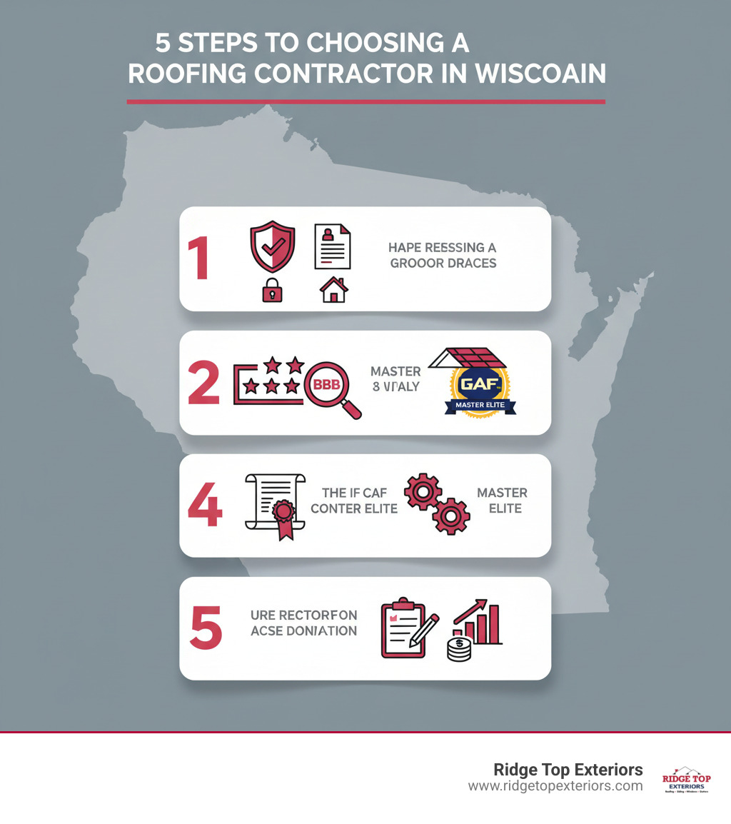 Infographic showing 5 key steps to choosing a roofing contractor in Wisconsin: 1) Verify credentials and insurance, 2) Check online reviews and BBB rating, 3) Confirm manufacturer certifications like GAF Master Elite, 4) Review warranty coverage and workmanship guarantees, 5) Get a free estimate and compare detailed proposals - best roofing contractor wisconsin infographic Infographic showing 5 key steps to choosing a roofing contractor in Wisconsin: 1) Verify credentials and insurance, 2) Check online reviews and BBB rating, 3) Confirm manufacturer certifications like GAF Master Elite, 4) Review warranty coverage and workmanship guarantees, 5) Get a free estimate and compare detailed proposals - best roofing contractor wisconsin infographic