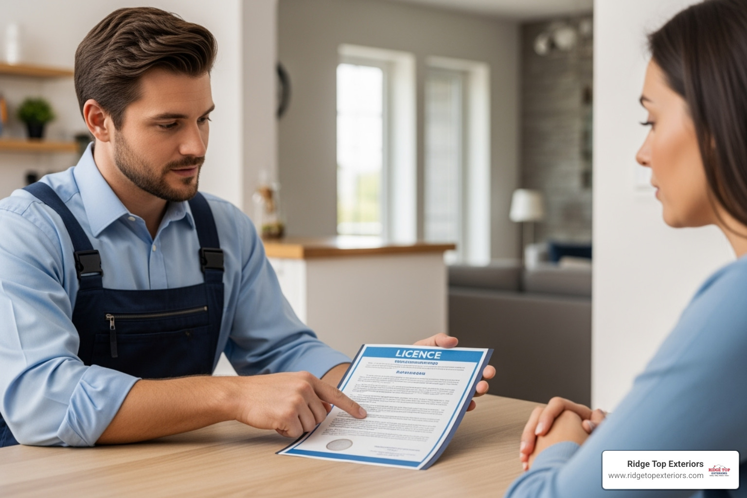contractor showing their license and insurance documents to a homeowner - best roofing contractor wisconsin contractor showing their license and insurance documents to a homeowner - best roofing contractor wisconsin