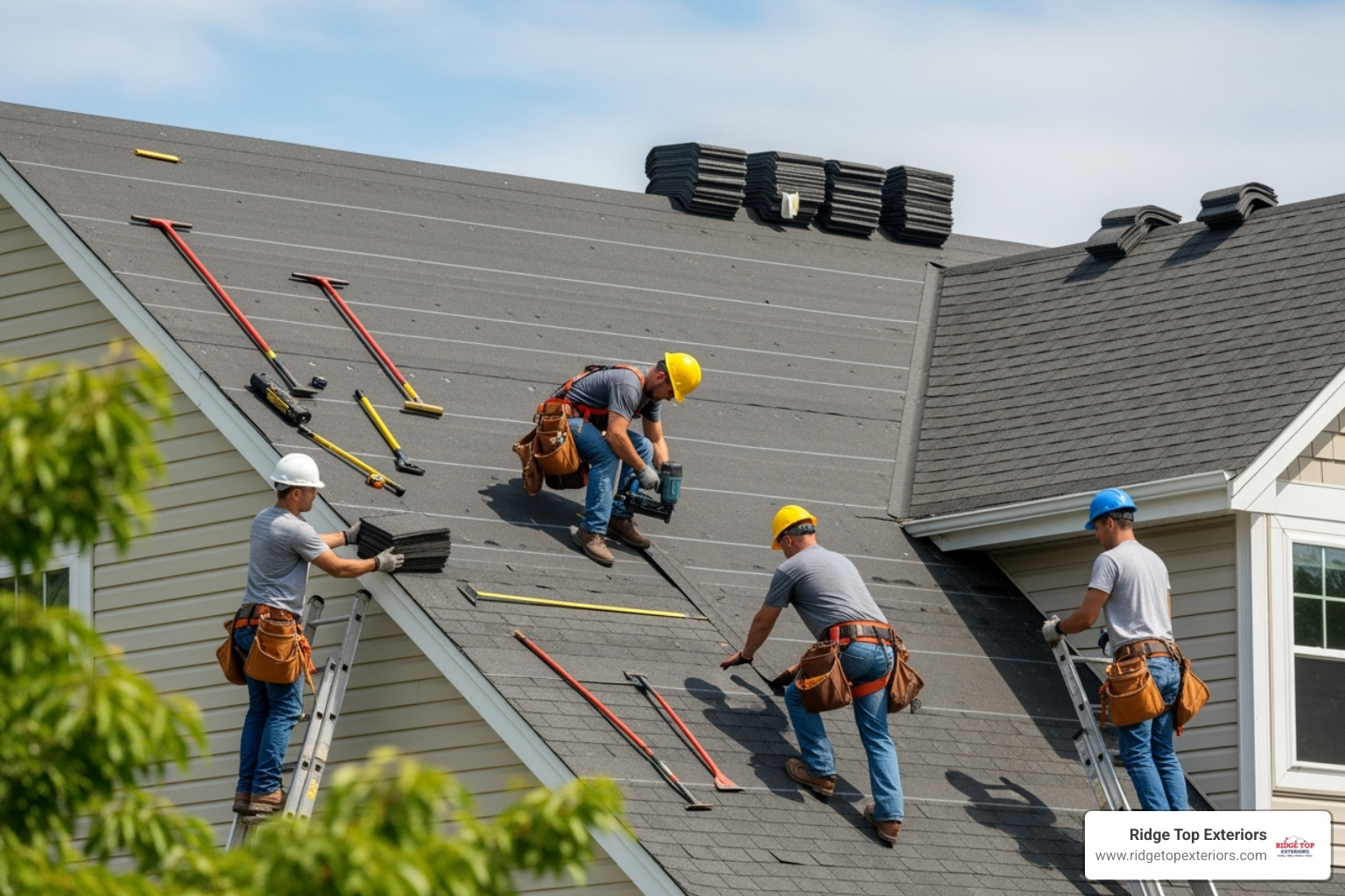 professional crew installing new asphalt shingles on a residential roof - best roofing contractor wisconsin professional crew installing new asphalt shingles on a residential roof - best roofing contractor wisconsin