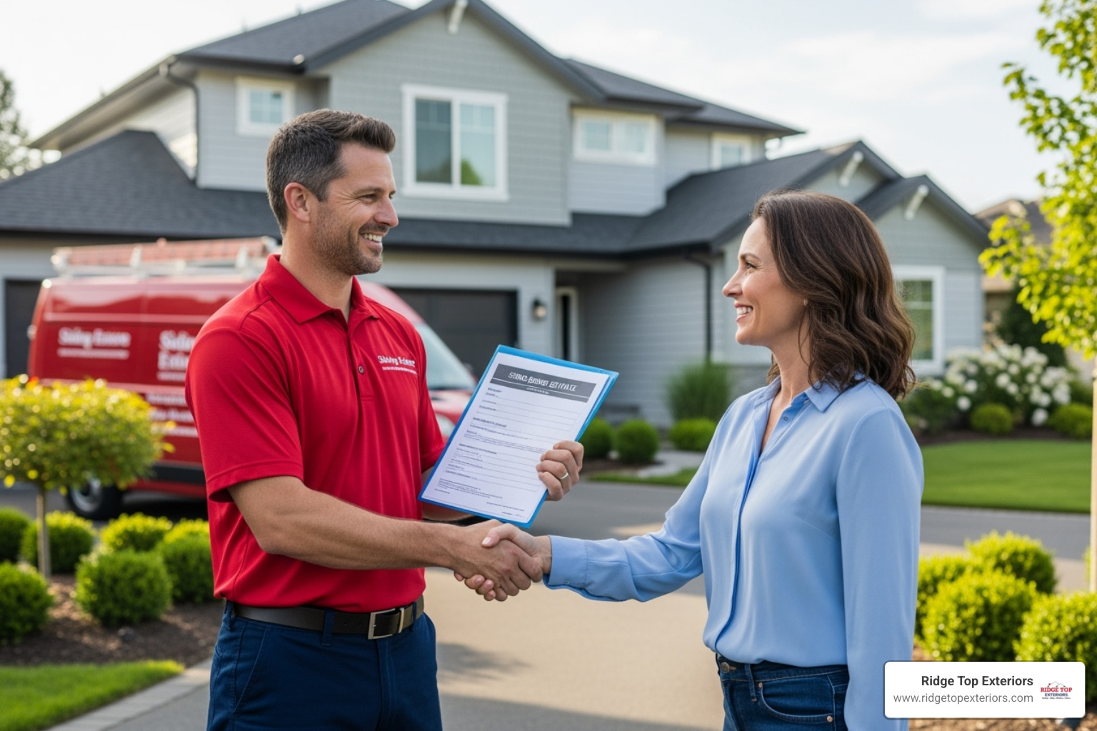 A professional siding contractor, wearing Ridge Top Exteriors branded attire, shaking hands with a homeowner after presenting a detailed, written estimate for siding repair. - siding repair madison wi