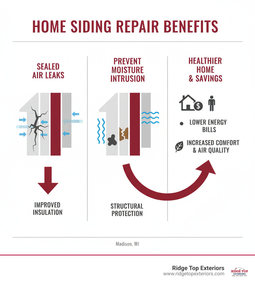 A diagram illustrating how professional siding repair can seal air leaks and prevent moisture intrusion, contributing to lower energy bills and a healthier home. The diagram uses Ridge Top Exteriors' brand colors. - siding repair madison wi infographic 