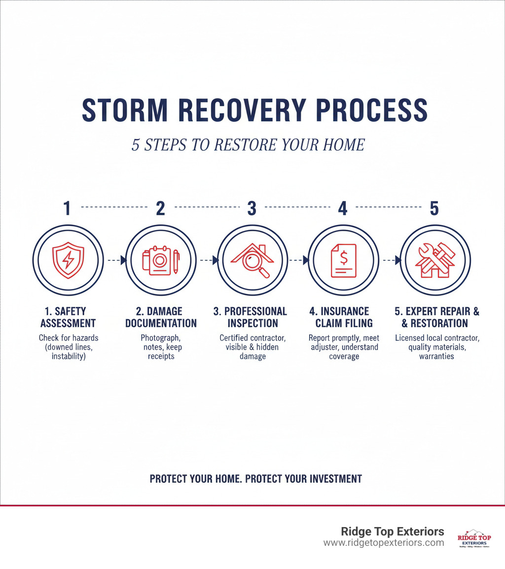 Infographic showing the 5-step storm recovery process: 1. Safety Assessment - Check for immediate hazards like downed power lines and structural instability; 2. Damage Documentation - Photograph all damage, write detailed notes, and keep receipts; 3. Professional Inspection - Hire a certified contractor to identify visible and hidden damage; 4. Insurance Claim Filing - Report damage promptly, meet with adjuster, understand your coverage; 5. Expert Repair & Restoration - Work with a licensed local contractor using quality materials with strong warranties. Color scheme: white background with #B20839 red and #0D224B navy blue accents - storm damage repair infographic Infographic showing the 5-step storm recovery process: 1. Safety Assessment - Check for immediate hazards like downed power lines and structural instability; 2. Damage Documentation - Photograph all damage, write detailed notes, and keep receipts; 3. Professional Inspection - Hire a certified contractor to identify visible and hidden damage; 4. Insurance Claim Filing - Report damage promptly, meet with adjuster, understand your coverage; 5. Expert Repair & Restoration - Work with a licensed local contractor using quality materials with strong warranties. Color scheme: white background with #B20839 red and #0D224B navy blue accents - storm damage repair infographic
