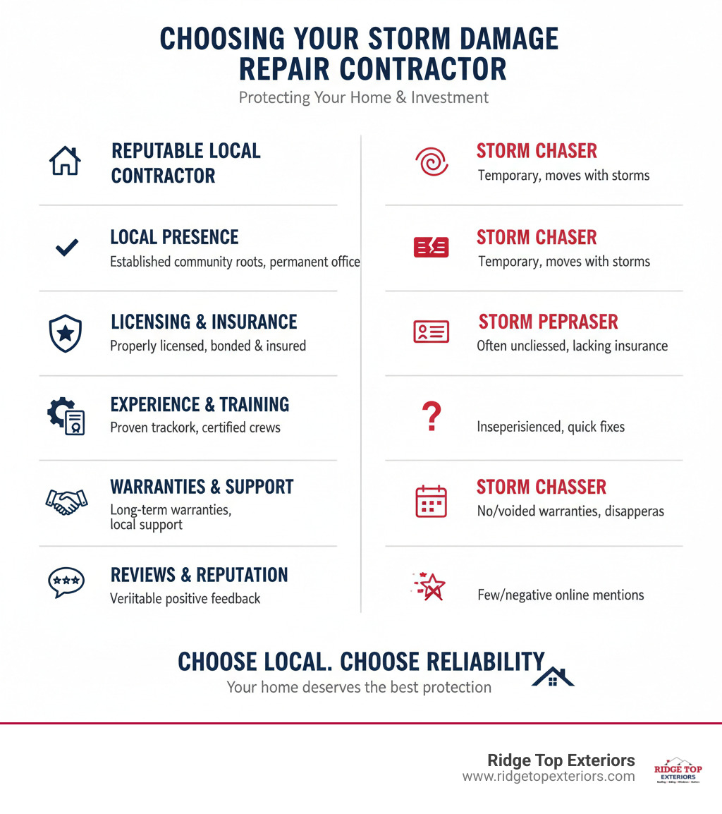Infographic comparing reputable local contractor versus storm chaser, with criteria like local presence, licensing, experience, warranties, and reviews. Color scheme: white background with #B20839 red and #0D224B navy blue accents - storm damage repair infographic Infographic comparing reputable local contractor versus storm chaser, with criteria like local presence, licensing, experience, warranties, and reviews. Color scheme: white background with #B20839 red and #0D224B navy blue accents - storm damage repair infographic