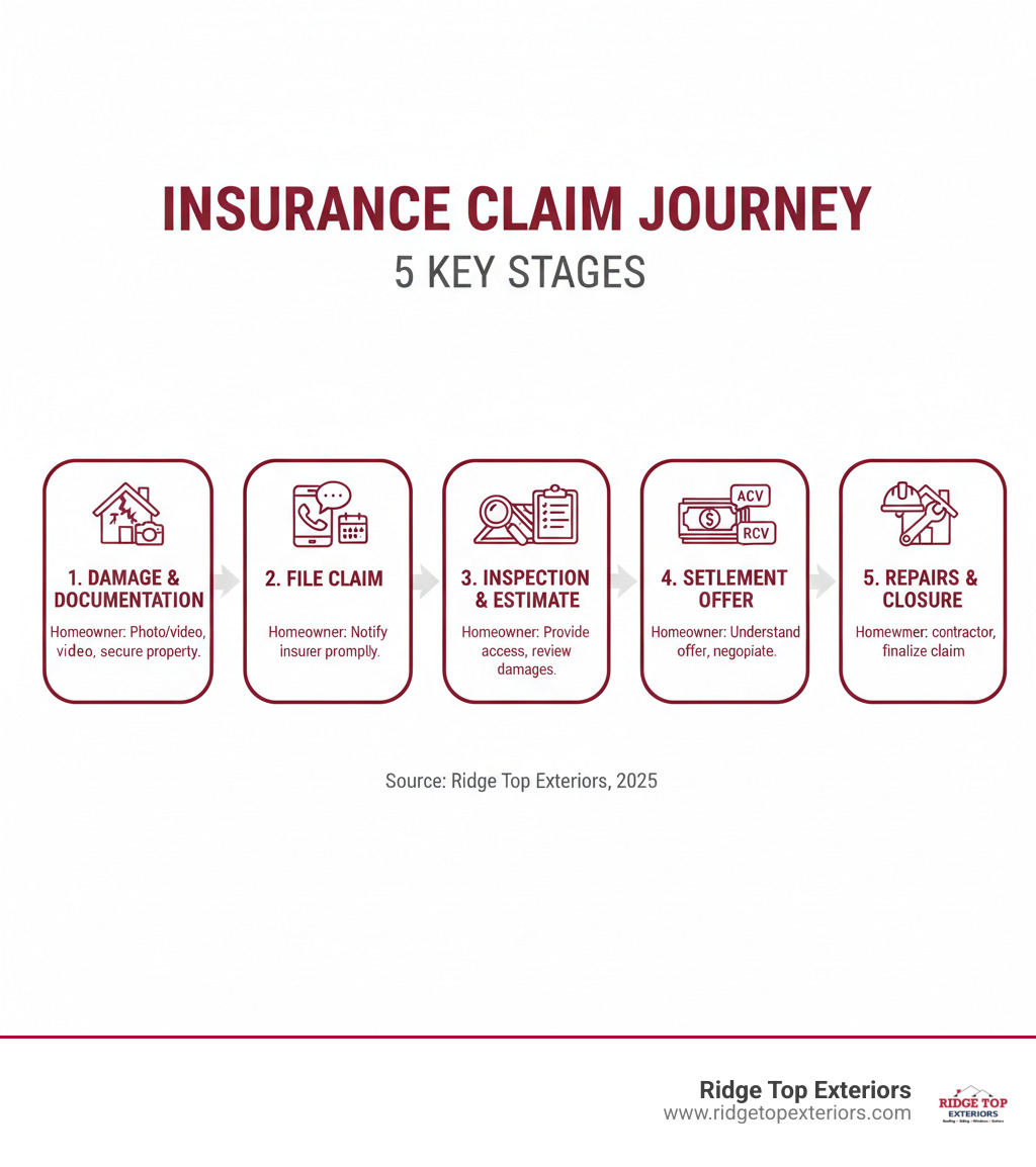 Infographic showing 5 key stages of an insurance claim: 1. Damage occurs and is documented with photos/video, 2. Claim is filed with insurance company within policy timeframe, 3. Insurance adjuster inspects property and creates damage estimate, 4. Settlement offer is made (ACV first, then RCV after repairs), 5. Repairs are completed by qualified contractor and claim is closed. Each stage includes a small icon and brief note about homeowner responsibilities. - insurance claim help infographic 