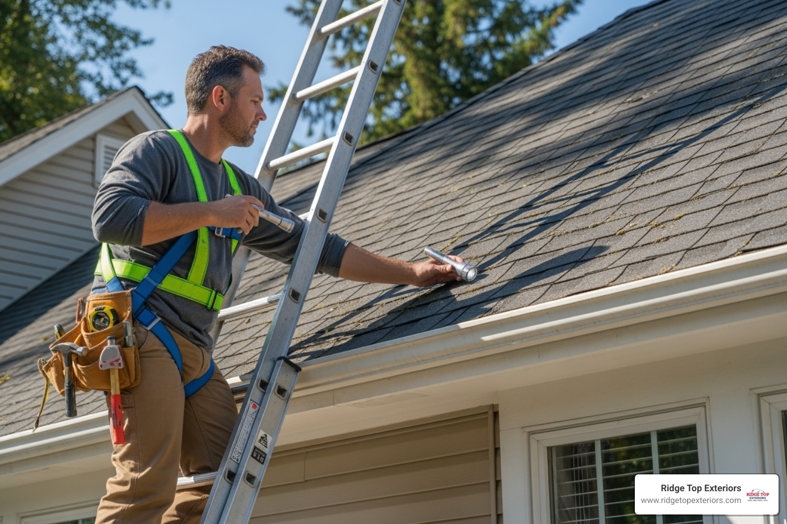 A professional contractor inspecting an asphalt shingle roof - insurance claim help