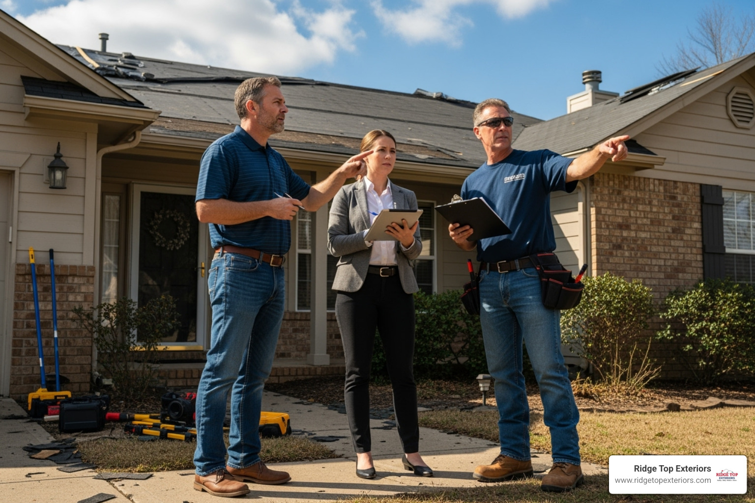 A homeowner meeting with an insurance adjuster and a contractor outside a house - insurance claim help