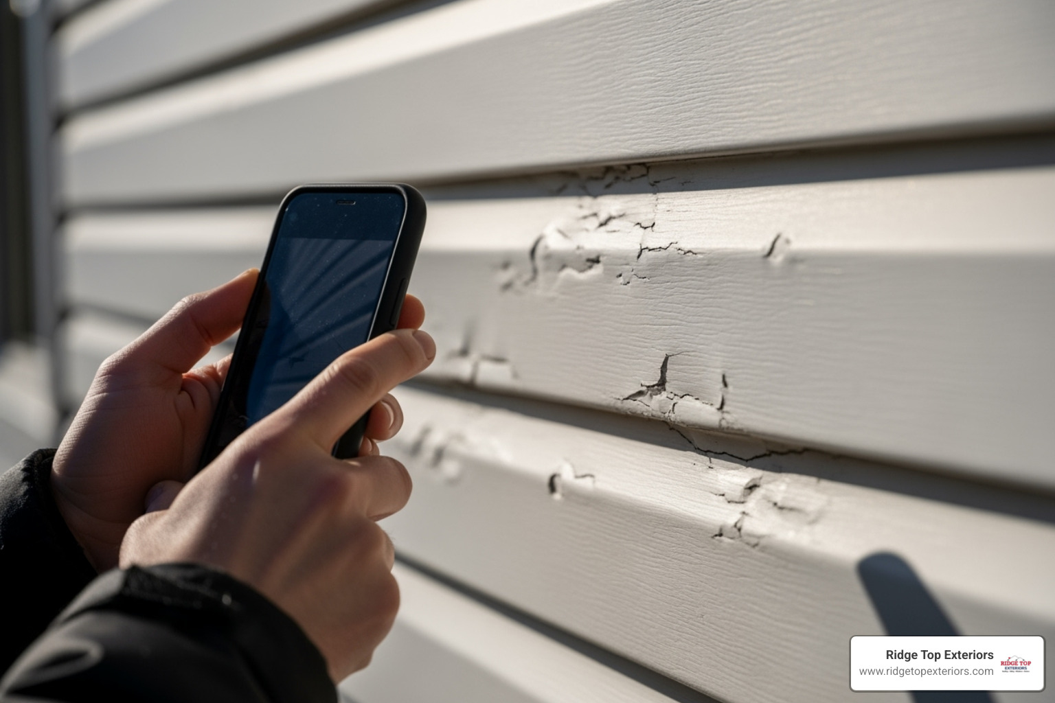 A person taking photos of hail damage on vinyl siding with a smartphone - insurance claim help