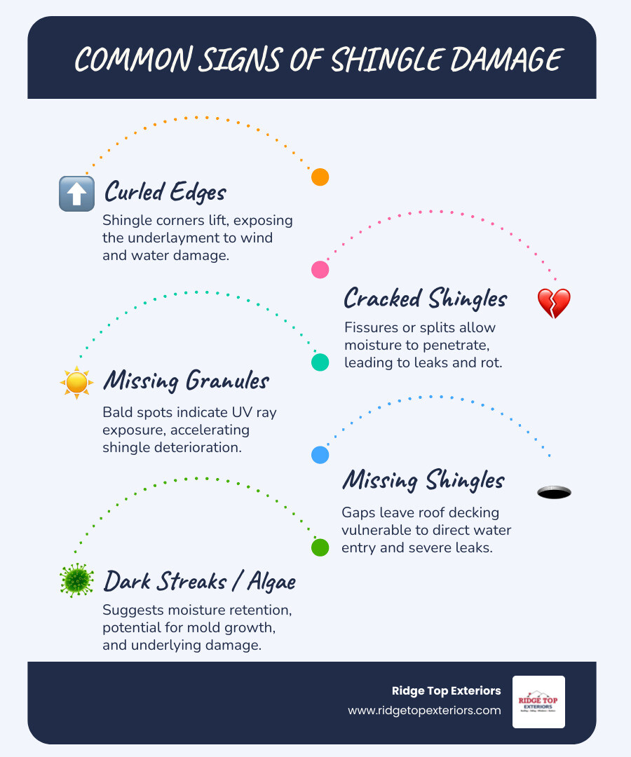 Infographic showing common signs of shingle damage: curled edges with corners lifting up, cracked or split shingles with visible fissures, missing granules creating bald spots that expose black asphalt underneath, and missing shingles leaving gaps in the roof. Each type is labeled with a brief description of why it matters and what it means for your roof's protection. Color scheme uses Ridge Top Exteriors white, burgundy #B20839, and navy #0D224B. - damaged shingles repair infographic infographic-line-5-steps-blues-accent_colors