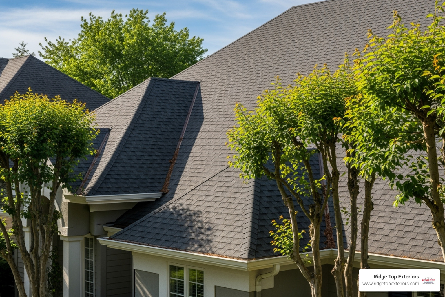 well-maintained roof with clean gutters and trimmed trees - damaged shingles repair