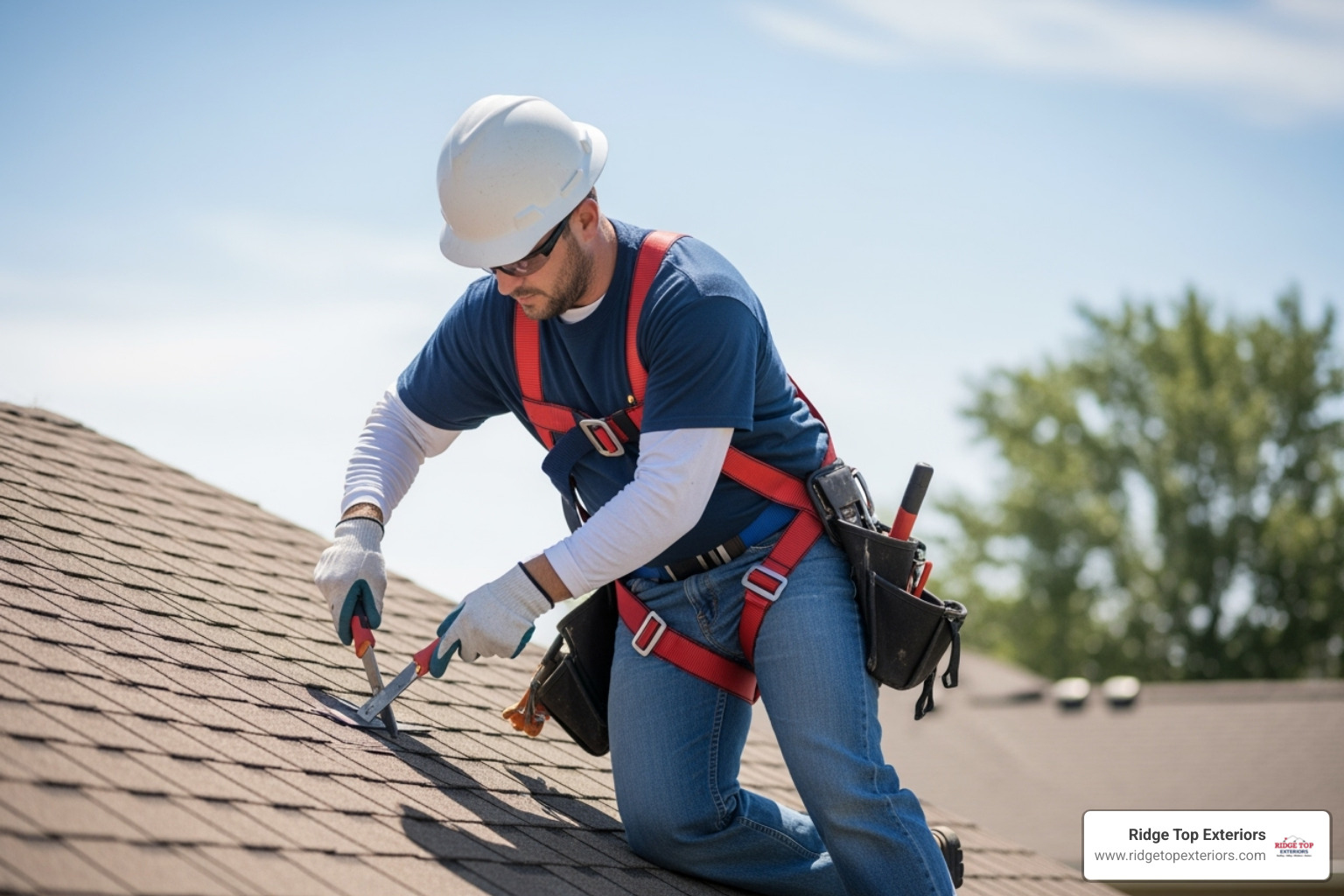 certified roofer in full safety gear working on a roof - damaged shingles repair