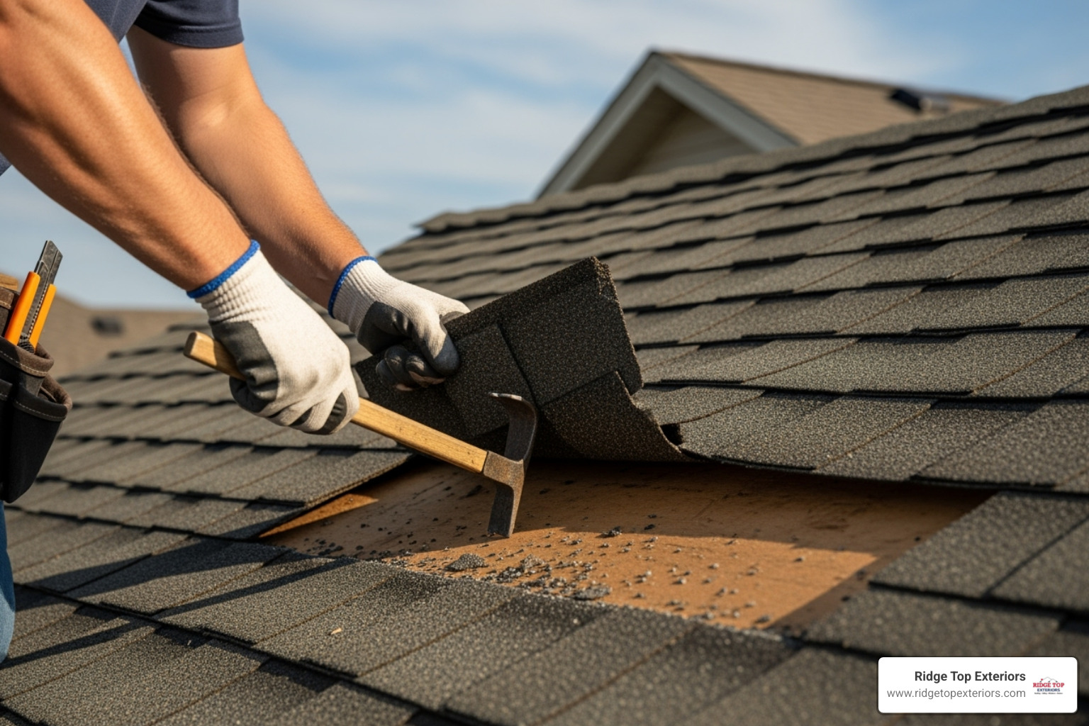 roofer carefully removing a damaged shingle - damaged shingles repair