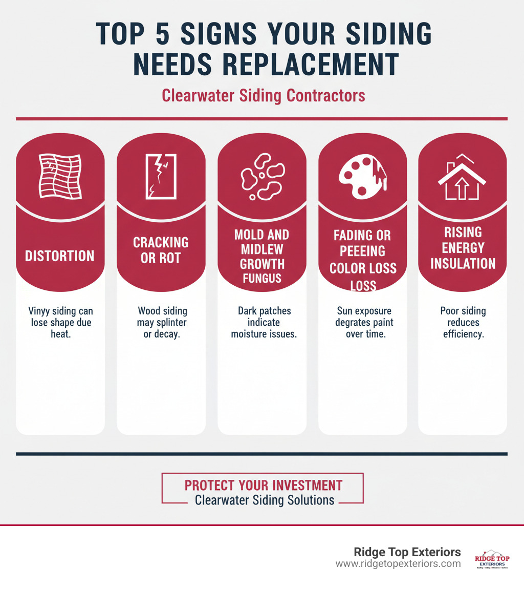 Infographic showing the top 5 signs your siding needs replacement: warping or buckling, cracking or rot, mold and mildew growth, fading or peeling paint, and rising energy bills. Each sign is illustrated with a simple icon and brief description, using Ridge Top Exteriors' color scheme of white, #B20839, and #0D224B. - Clearwater siding contractors infographic Infographic showing the top 5 signs your siding needs replacement: warping or buckling, cracking or rot, mold and mildew growth, fading or peeling paint, and rising energy bills. Each sign is illustrated with a simple icon and brief description, using Ridge Top Exteriors' color scheme of white, #B20839, and #0D224B. - Clearwater siding contractors infographic