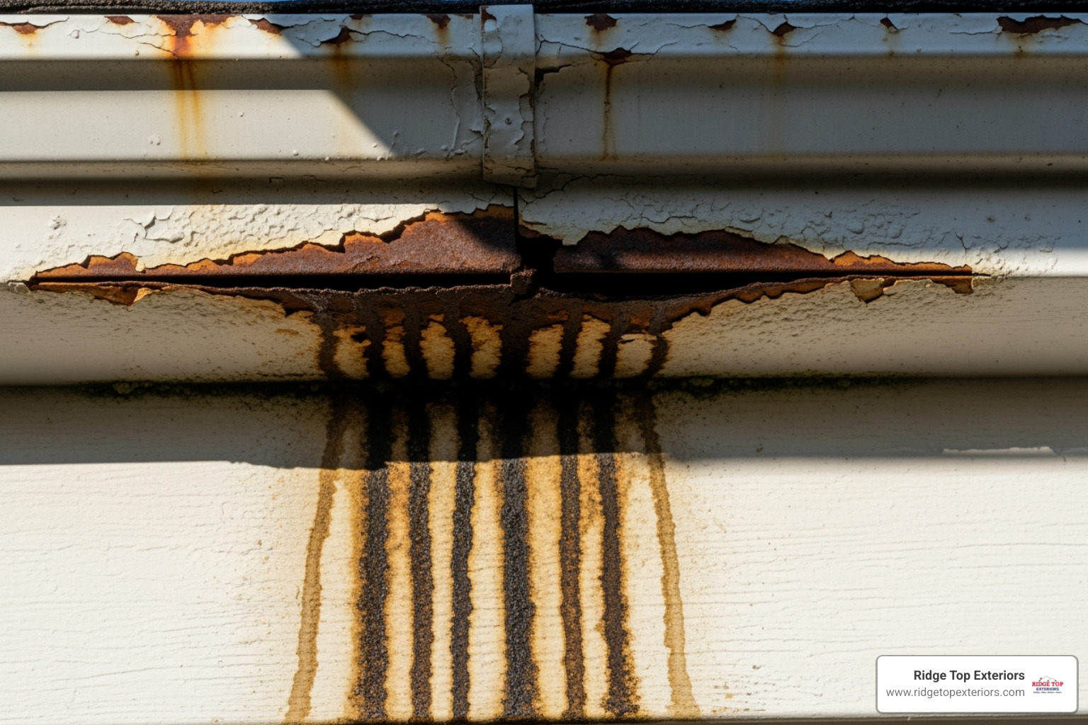 cracked and peeling gutter with water stains on the siding below - gutter company near me