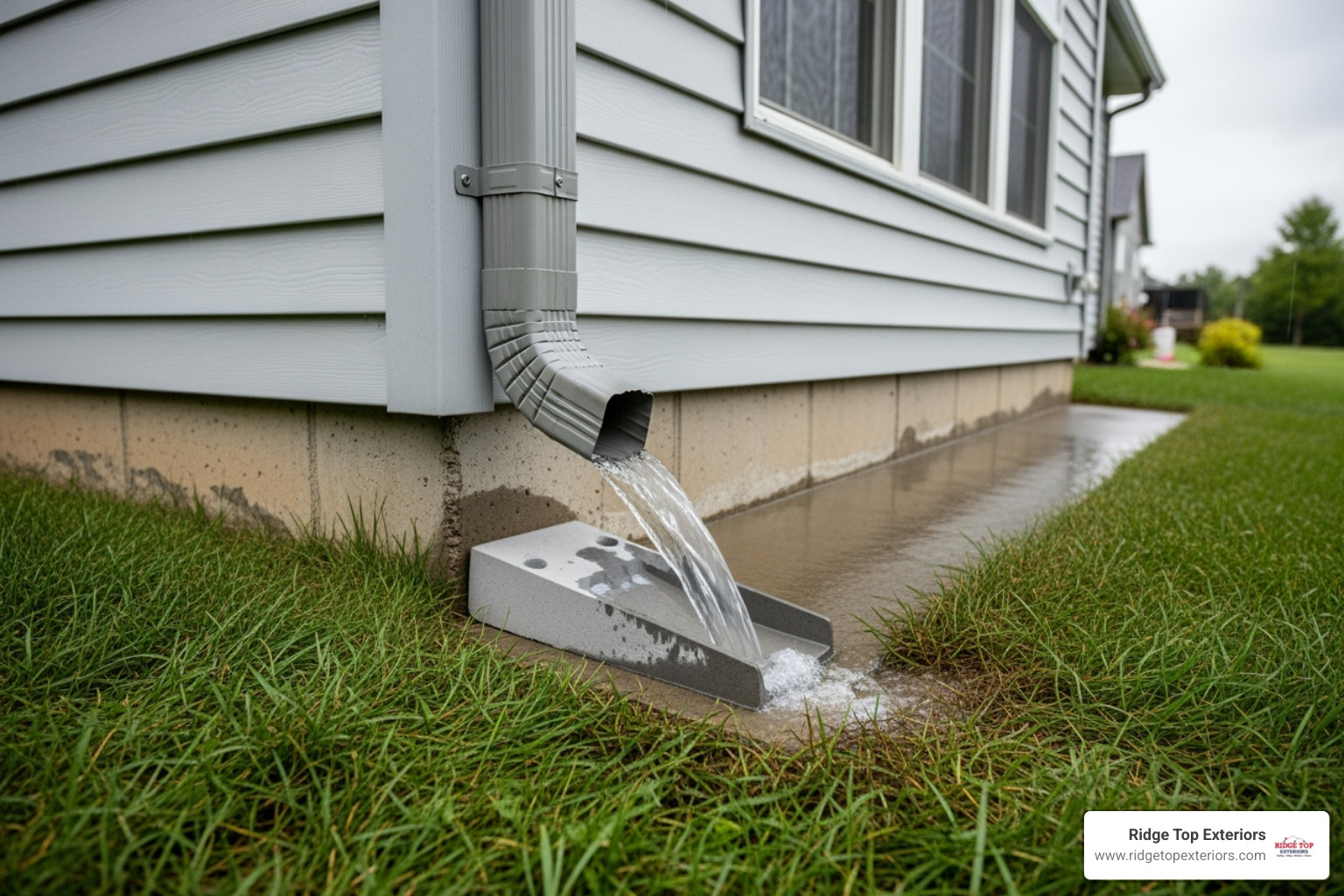 water being correctly channeled away from a home's foundation by a downspout - gutter company near me