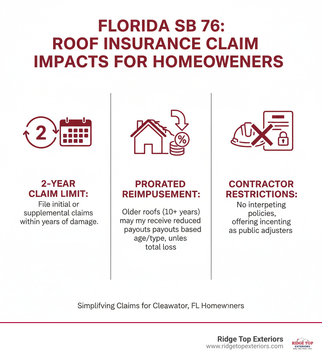 infographic explaining the key points of Florida's SB 76 for homeowners, including 2-year claim limit, prorated reimbursement for older roofs, and contractor restrictions - insurance claims assistance for roofs clearwater fl infographic 
