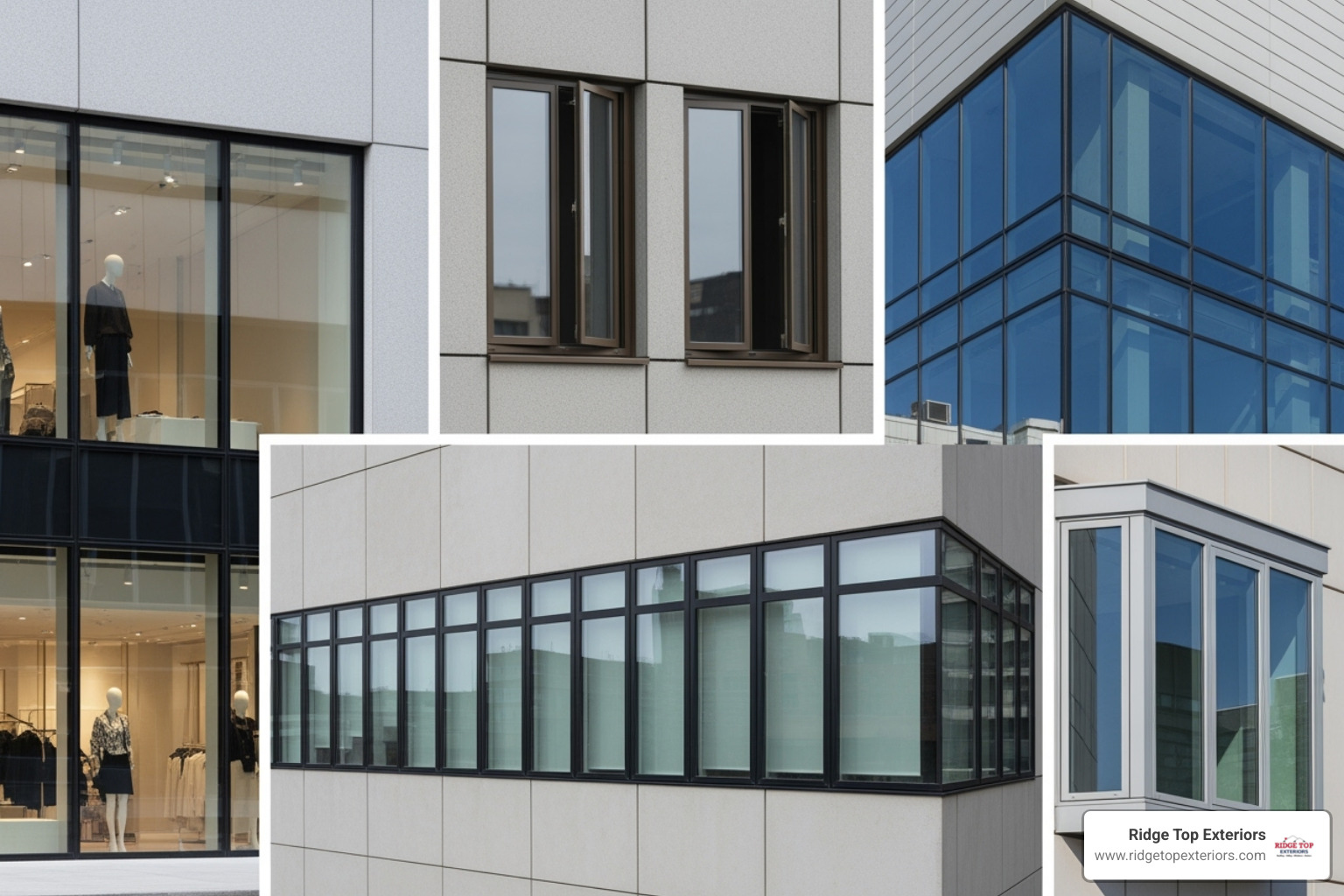 Image of different commercial window styles like storefront and casement windows - Window replacement Appleton WI