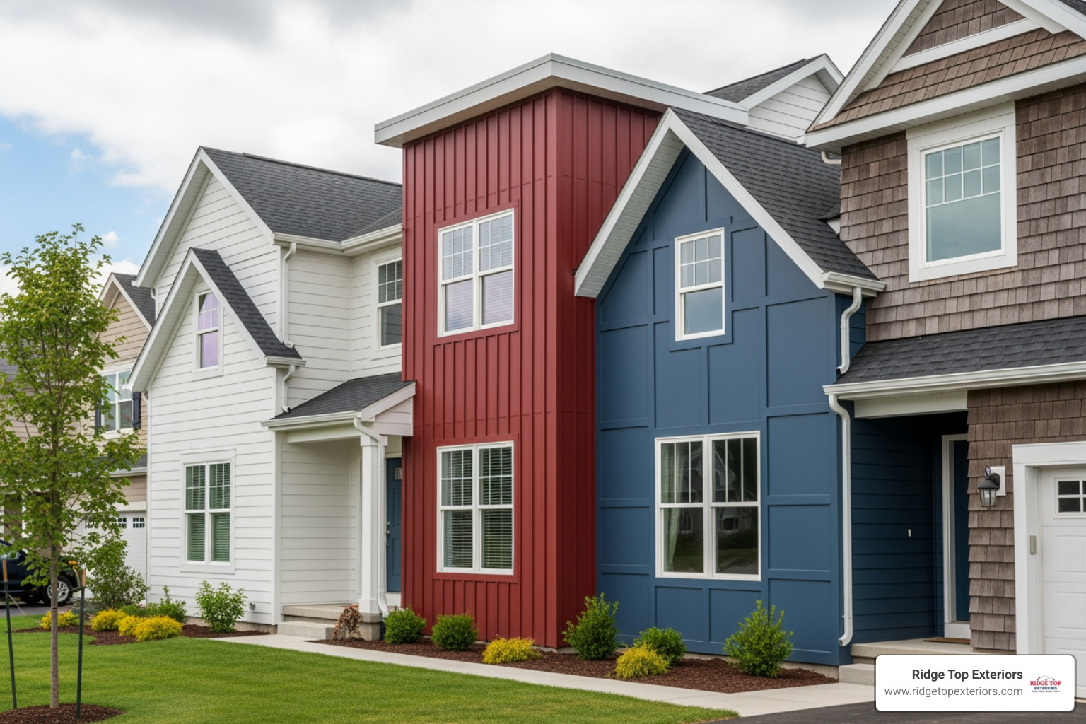 Image showcasing different siding profiles like lap, vertical, board & batten, and shakes on various home styles, with a focus on Ridge Top Exteriors' color scheme. - siding contractors near me