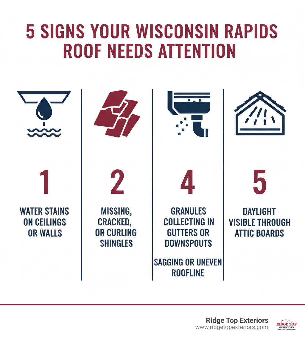 Infographic showing the top 5 signs your Wisconsin Rapids roof needs immediate attention: 1) Water stains on ceilings or walls, 2) Missing, cracked, or curling shingles, 3) Granules collecting in gutters or downspouts, 4) Sagging or uneven roofline, 5) Daylight visible through attic boards. Includes icons for each sign in Ridge Top Exteriors colors white, burgundy #B20839, and navy #0D224B. - roof repair wisconsin rapids wi infographic 
