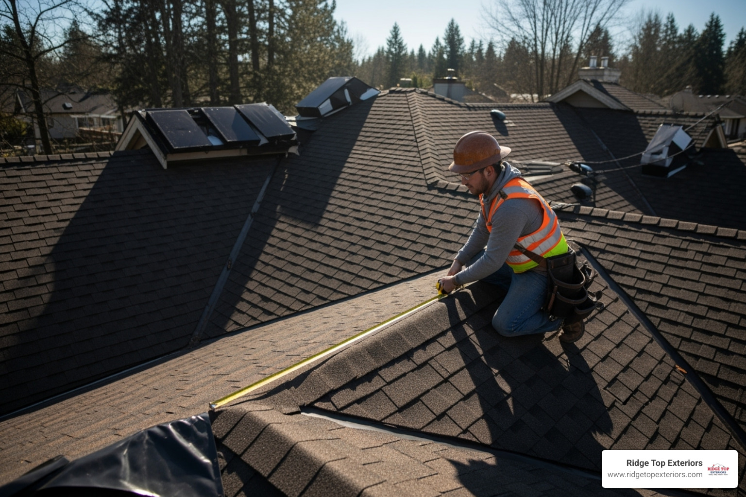 Roofer measuring a complex roof with multiple valleys - new roof costs 2025