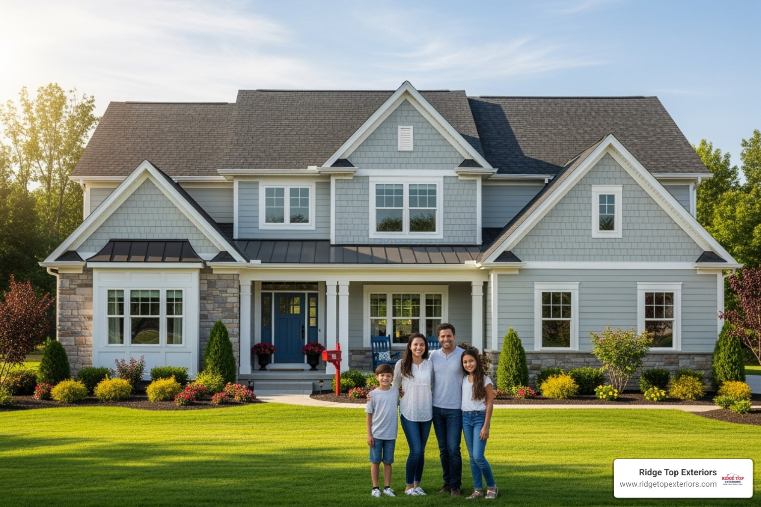 Smiling family in front of their home with a new Ridge Top Exteriors roof - new roof costs 2025