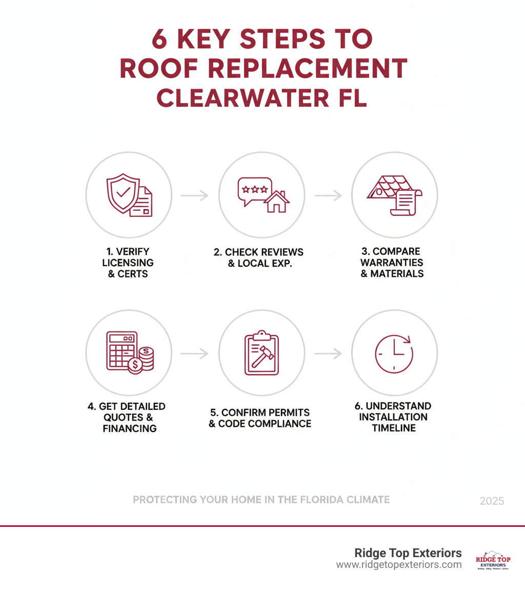 Infographic showing key steps to choosing a roof replacement contractor: verify licensing and certifications, check reviews and local experience, compare warranties and materials, get detailed quotes with financing options, confirm permits and code compliance, understand the installation timeline - roof replacement Clearwater FL infographic 
