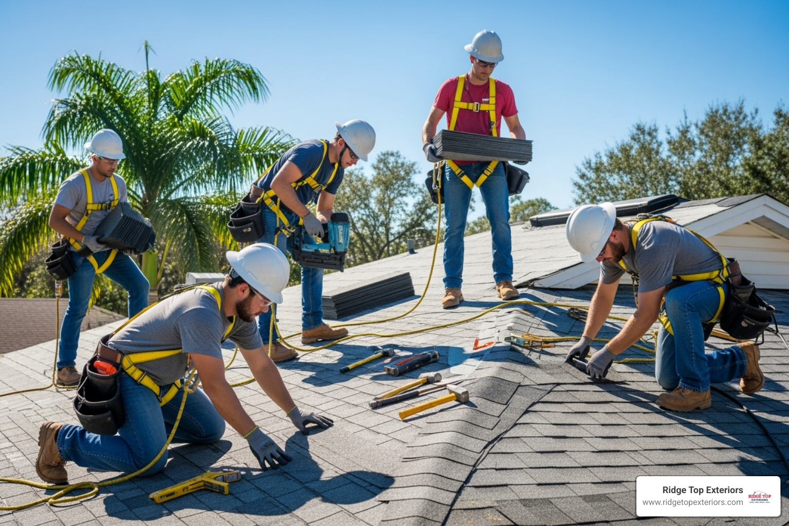 roofing team working safely - roof replacement Clearwater FL