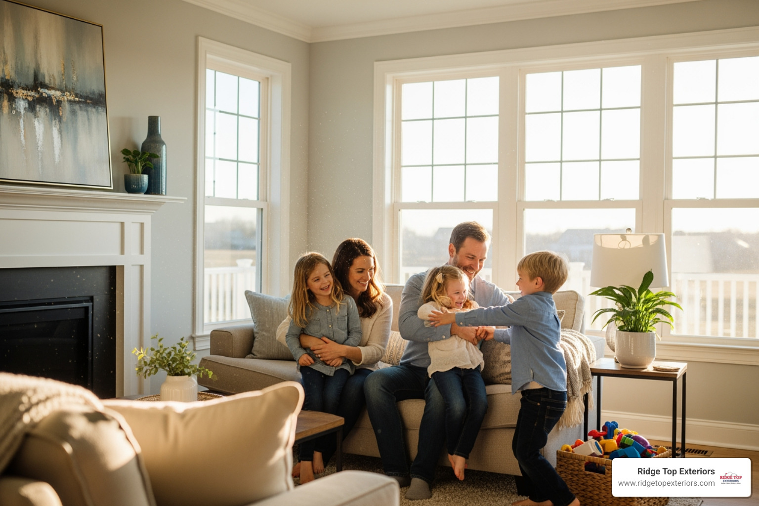happy family in living room with bright new windows - Replacement window services