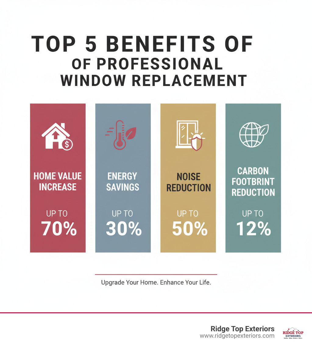 infographic showing top 5 benefits of professional replacement window services including energy savings up to 30 percent, home value increase up to 70 percent, UV protection up to 80 percent, noise reduction up to 50 percent, and carbon footprint reduction up to 12 percent - Replacement window services infographic 