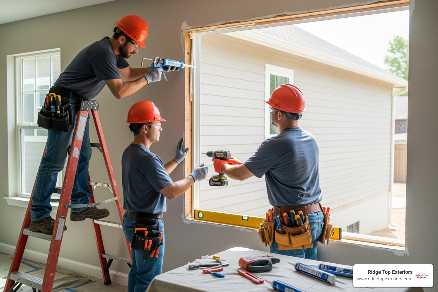 professional crew carefully installing a new window - Replacement window services