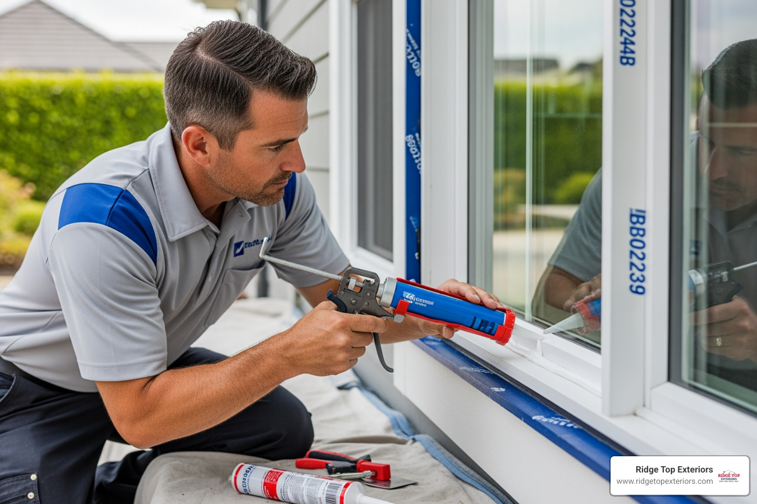 professional installer carefully sealing a new window - Window installation near me professional installer carefully sealing a new window - Window installation near me