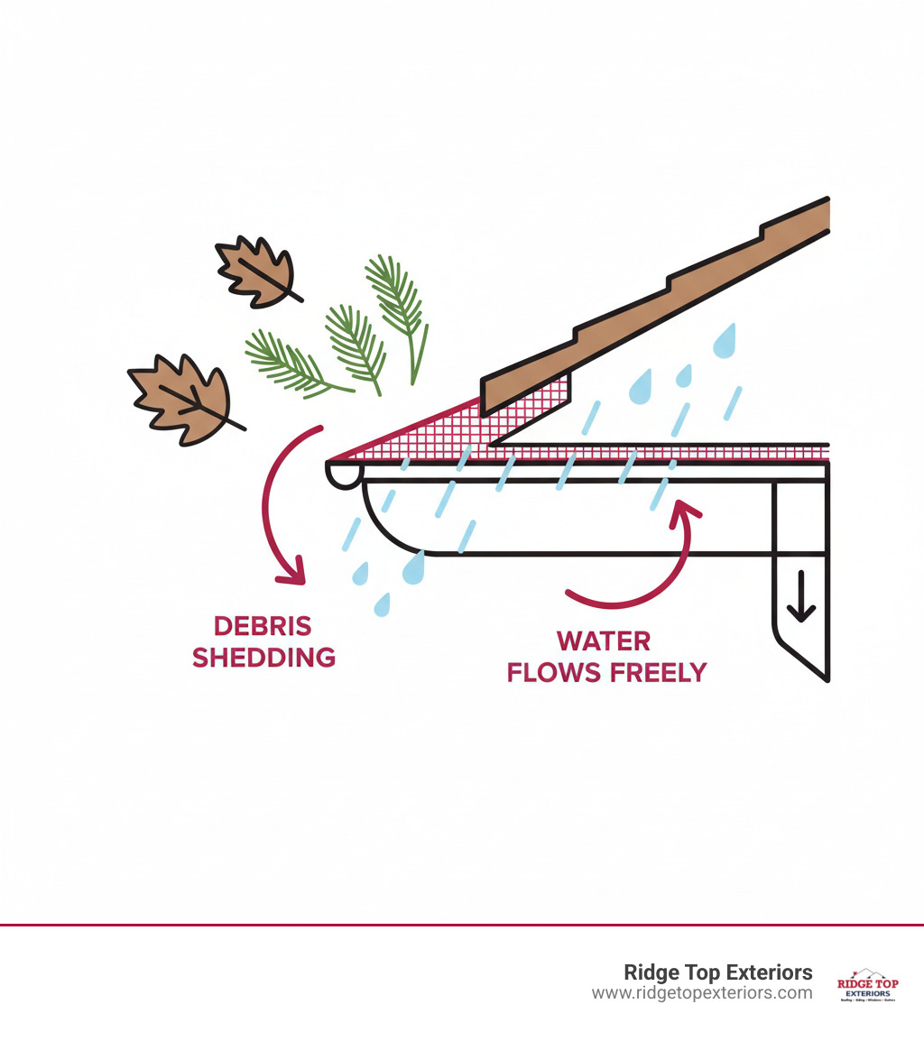 Infographic showing cross-section of micro-mesh gutter guard blocking leaves and pine needles while channeling rainwater through fine stainless steel mesh into gutter, with labeled arrows indicating debris shedding off and water flowing freely into downspout - leaf guard company infographic 