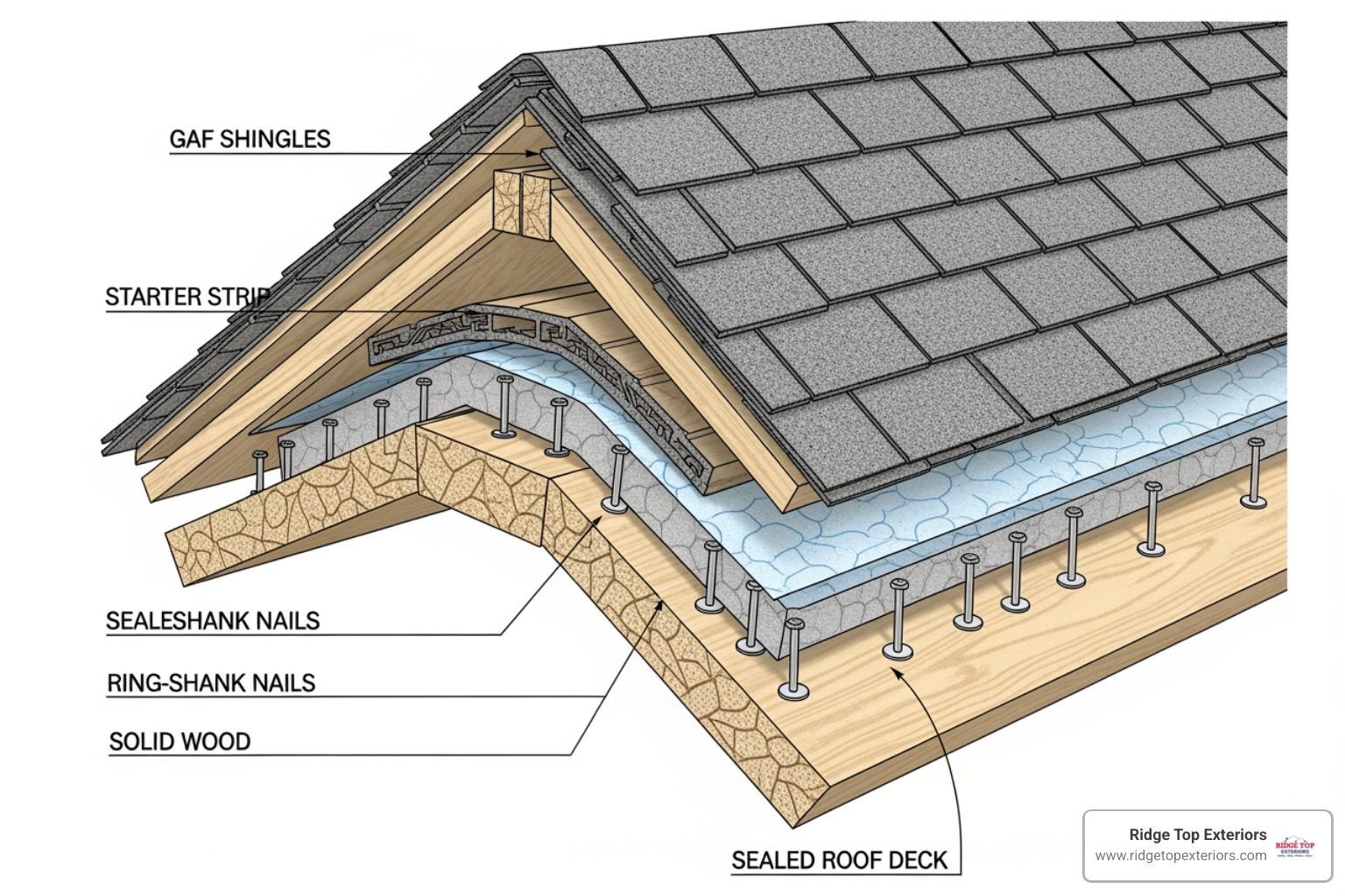 a cutaway view of a FORTIFIED Roof showing the different layers: sealed deck, ring-shank nails, starter strip, and GAF shingles. - Fortified Roofing