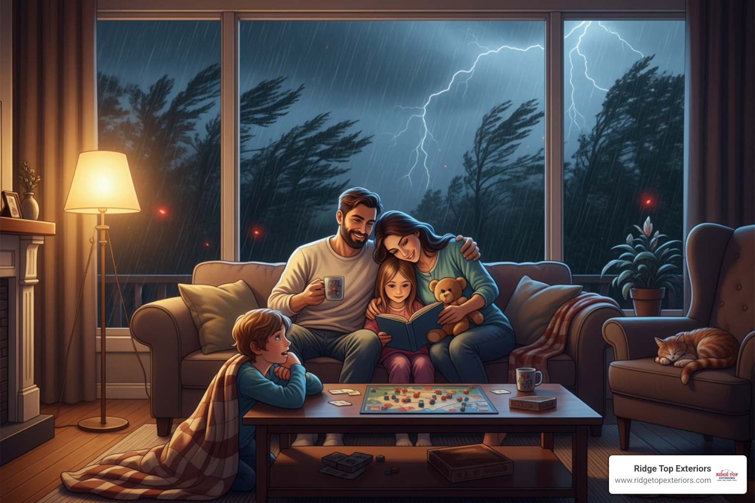 a family feeling safe and secure in their home during a storm. - Fortified Roofing