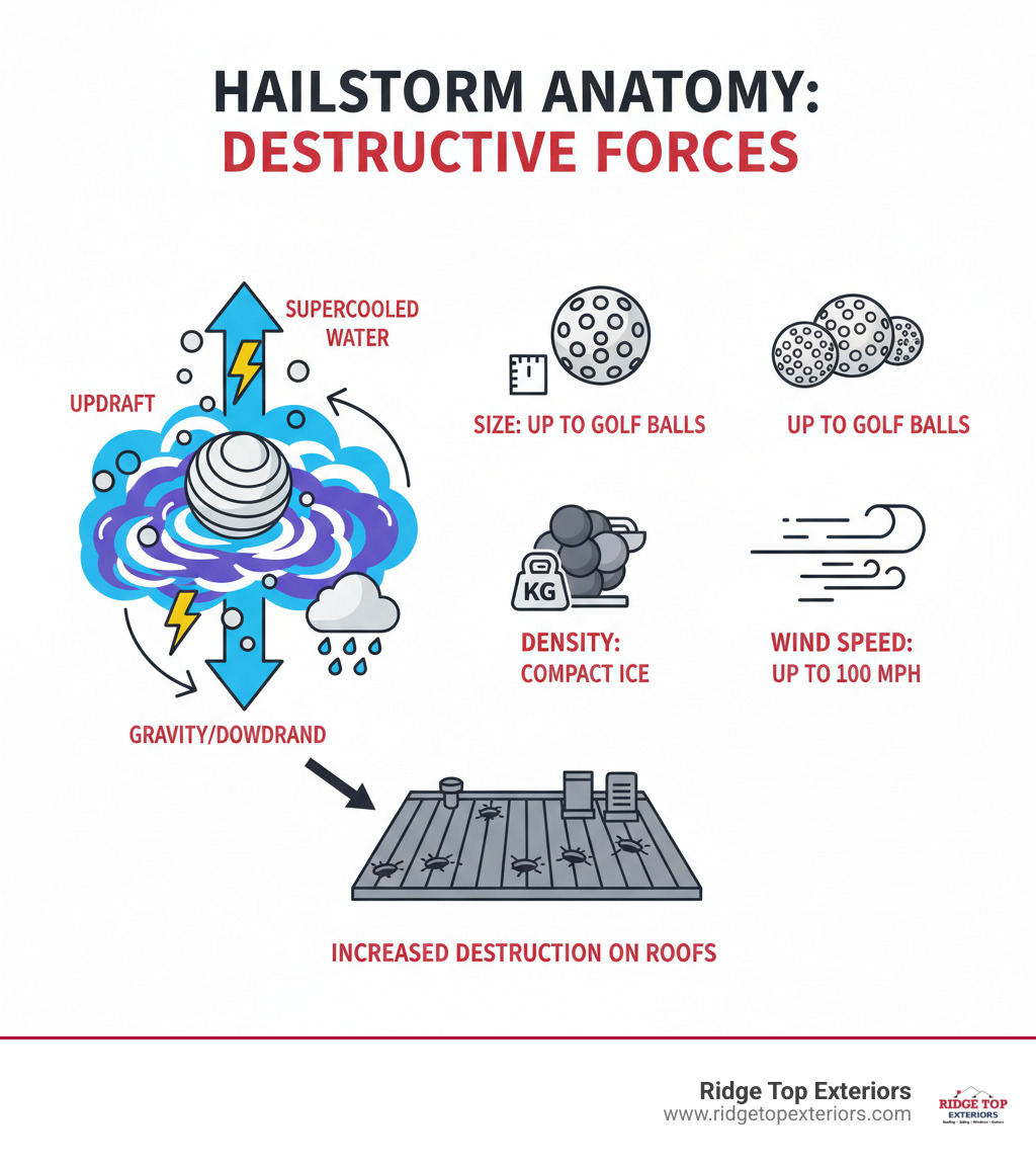 Infographic explaining how hail forms and the factors that increase its destructive force (size, density, wind speed) - hail damage commercial roofing infographic 