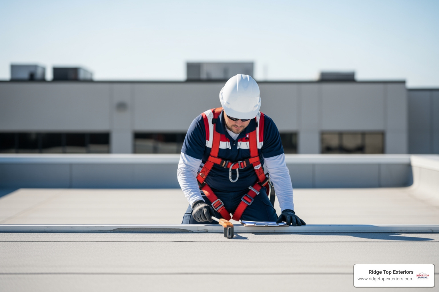 roofing professional inspecting a commercial roof - hail damage commercial roofing
