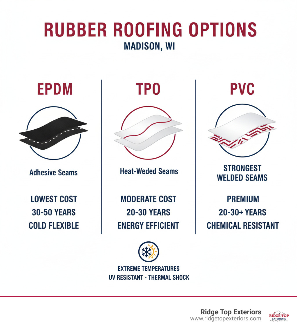 Infographic showing three types of single-ply rubber roofing membranes (EPDM, TPO, and PVC) with their key characteristics: EPDM shown as black flexible material with adhesive seams lasting 30-50 years at lowest cost; TPO shown as white heat-welded membrane with moderate cost and 20-30 year lifespan; PVC shown as premium white membrane with strongest welded seams, chemical resistance, and 20-30+ year lifespan. Visual comparison includes cross-sections showing installation methods and a Wisconsin weather icon (snowflake and sun) indicating all three resist extreme temperatures, UV radiation, and thermal shock. Color scheme uses Ridge Top Exteriors colors: white, burgundy #B20839, and navy #0D224B - rubber roofing madison wi infographic 