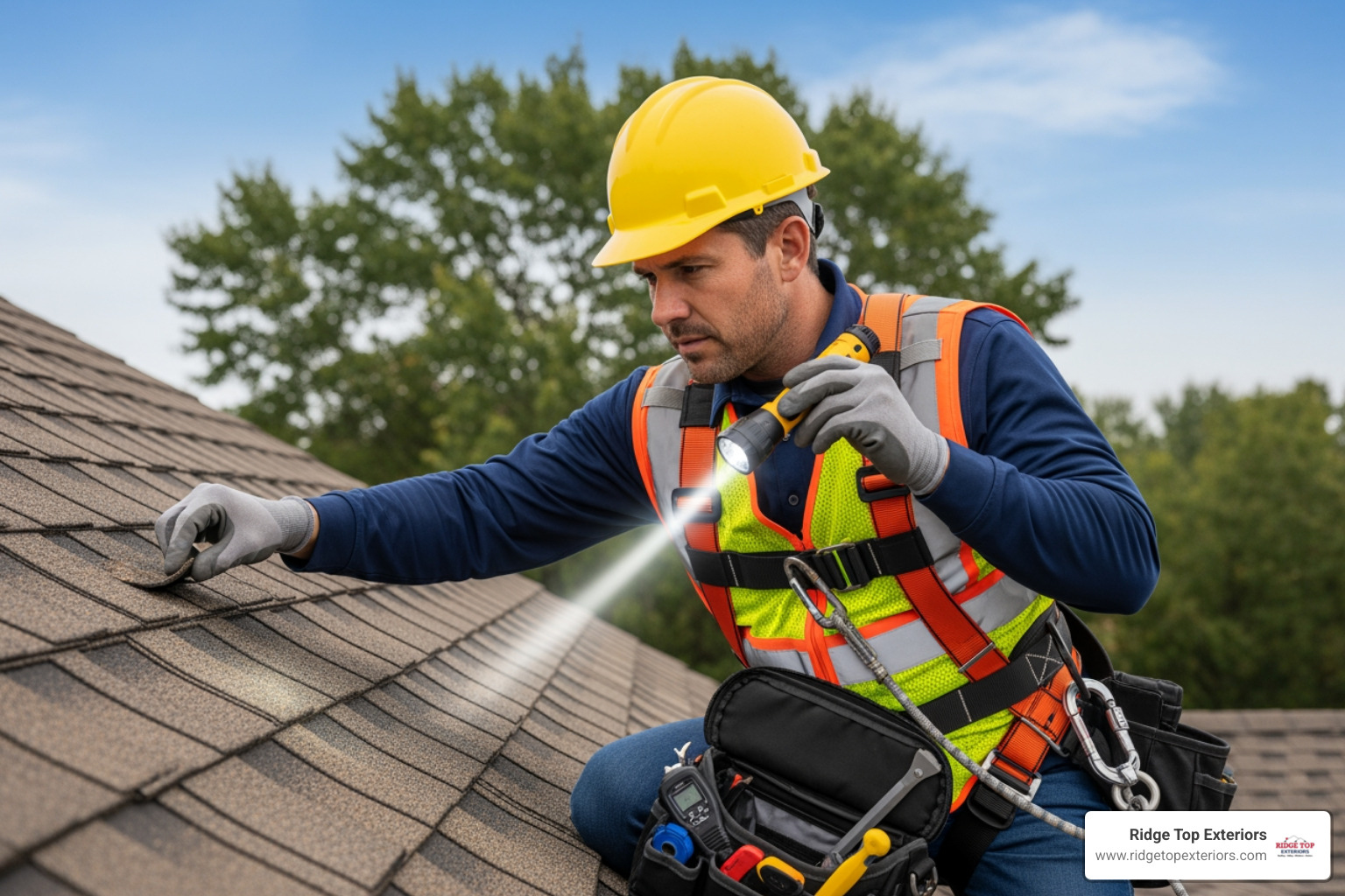certified inspector examining a roof with proper safety gear - roof inspection clearwater