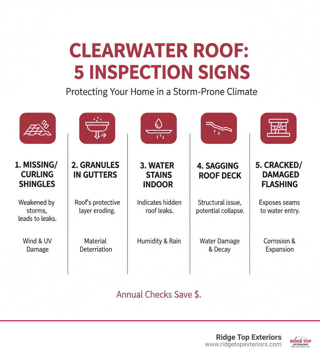 Infographic showing the top 5 signs a Clearwater roof needs inspection: 1) Missing or curling shingles with storm damage visible, 2) Granules collecting in gutters indicating shingle deterioration, 3) Water stains on interior ceilings or attic beams, 4) Sagging areas on the roof deck, 5) Cracked or damaged flashing around vents and chimneys. Each sign includes a small icon and brief explanation of why it matters in Clearwater's humid, storm-prone climate. - roof inspection clearwater infographic 
