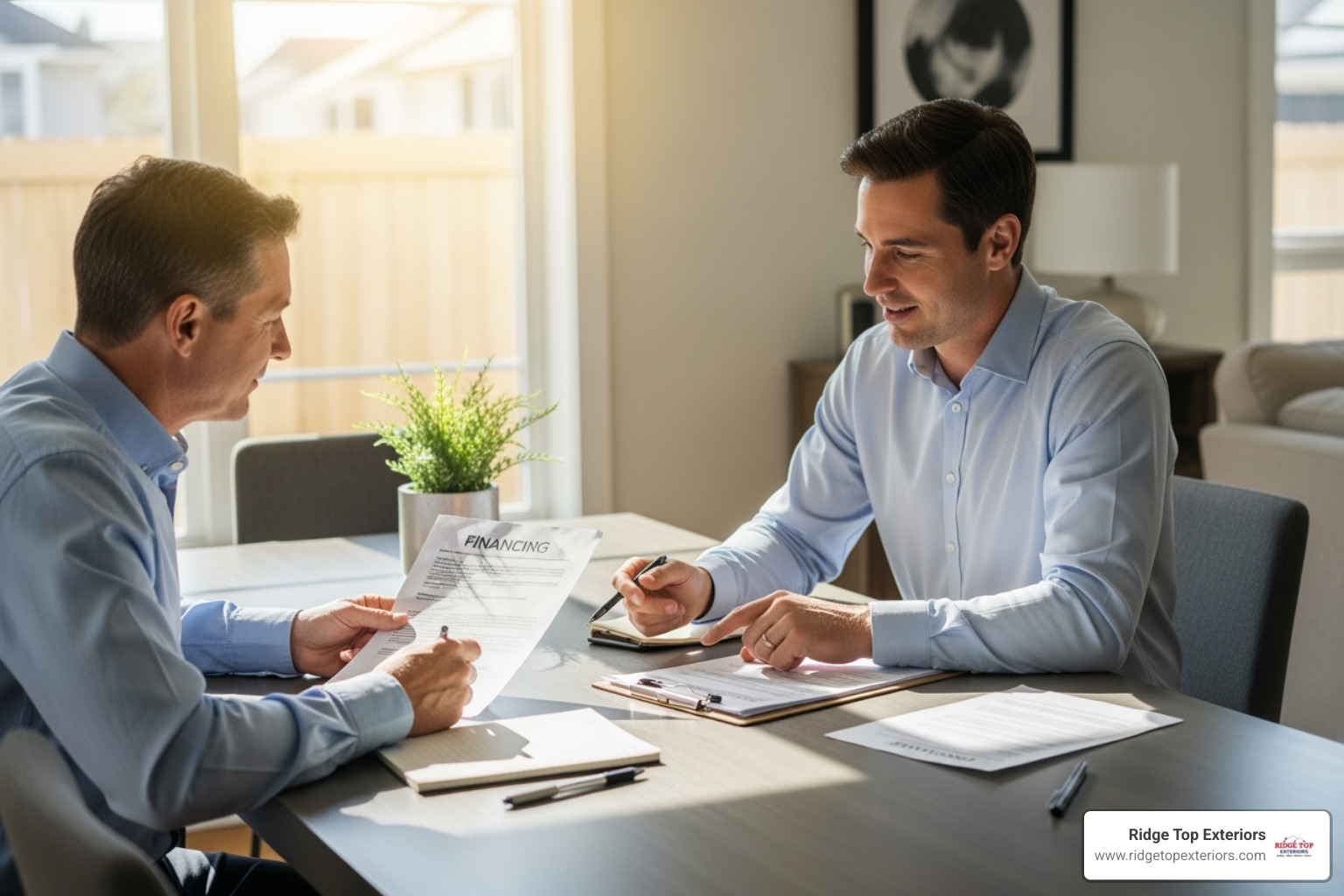 A homeowner and a contractor sit at a table, reviewing financing paperwork and discussing options. - Window replacement financing options