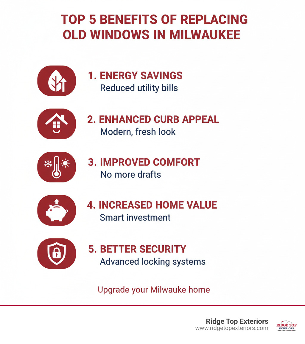 Infographic detailing the top 5 benefits of replacing old windows in Milwaukee, including energy savings, enhanced curb appeal, improved comfort, increased home value, and better security, using Ridge Top Exteriors' red and blue color scheme. - replacement windows milwaukee infographic 