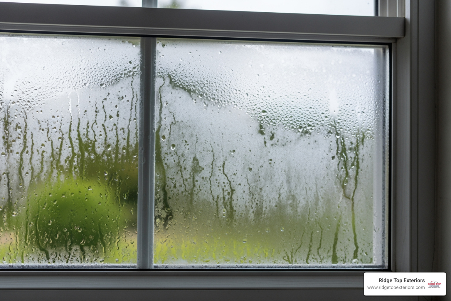 A close-up image of a double-pane window with visible condensation trapped between the two glass panes, indicating a seal failure. The condensation creates a hazy, obstructed view. The frame is a neutral color. - Window replacement Verona WI