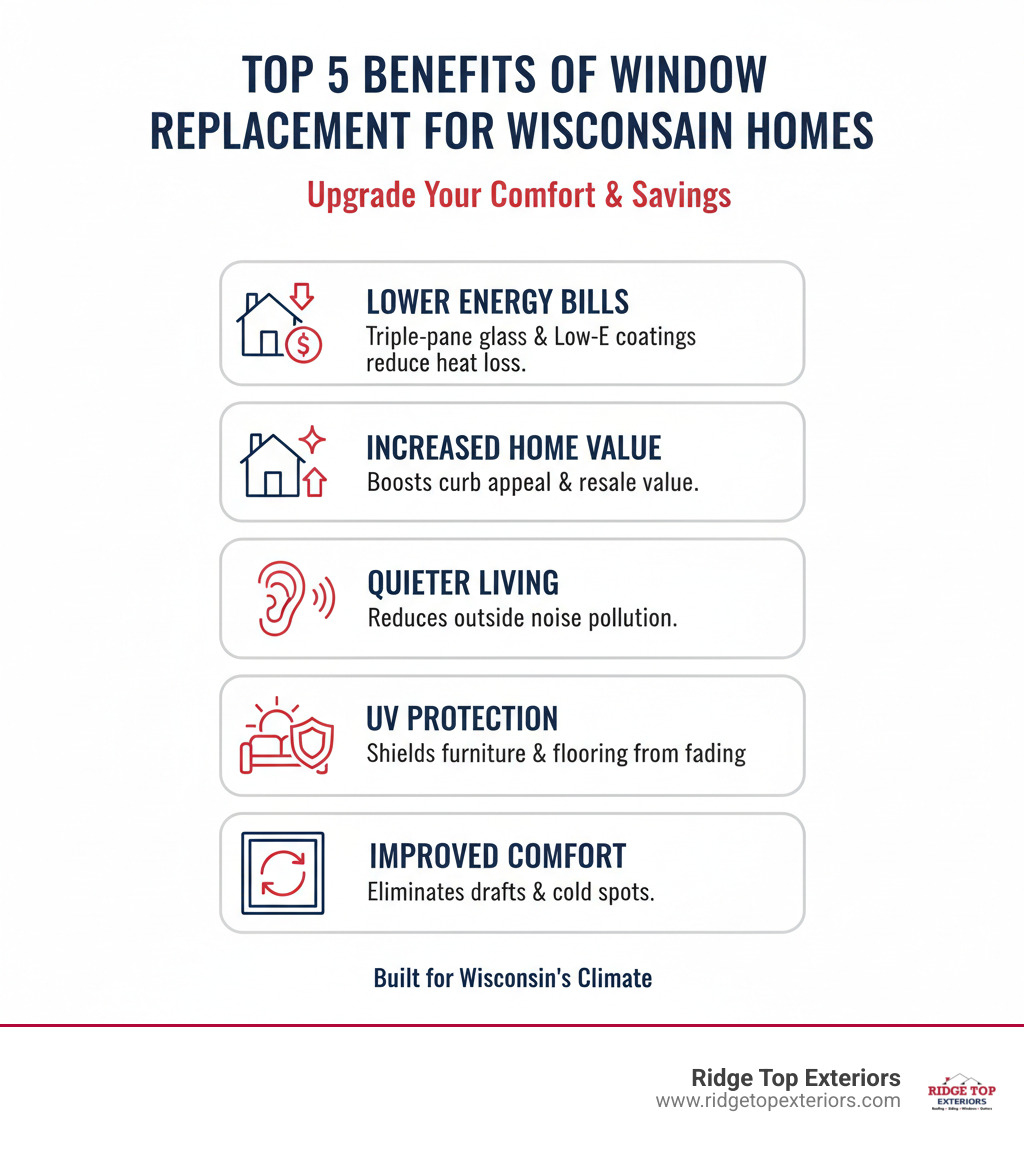 Infographic showing the top 5 benefits of window replacement for Wisconsin homes: 1) Lower energy bills with triple-pane glass and Low-E coatings, 2) Increased home value and curb appeal, 3) Reduced outside noise for quieter living spaces, 4) Protection from UV damage to furniture and flooring, 5) Improved comfort with elimination of drafts and cold spots. Features Ridge Top Exteriors colors: white background with #B20839 red and #0D224B navy blue accents. - Window replacement Verona WI infographic 
