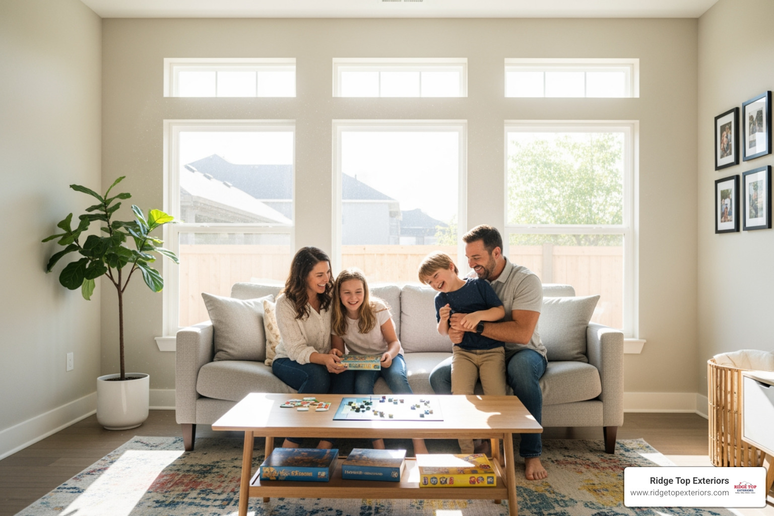 A family smiling and enjoying their brightly lit living room, showcasing new, clean windows that let in ample natural light. The room looks comfortable and modern. - Window replacement Verona WI