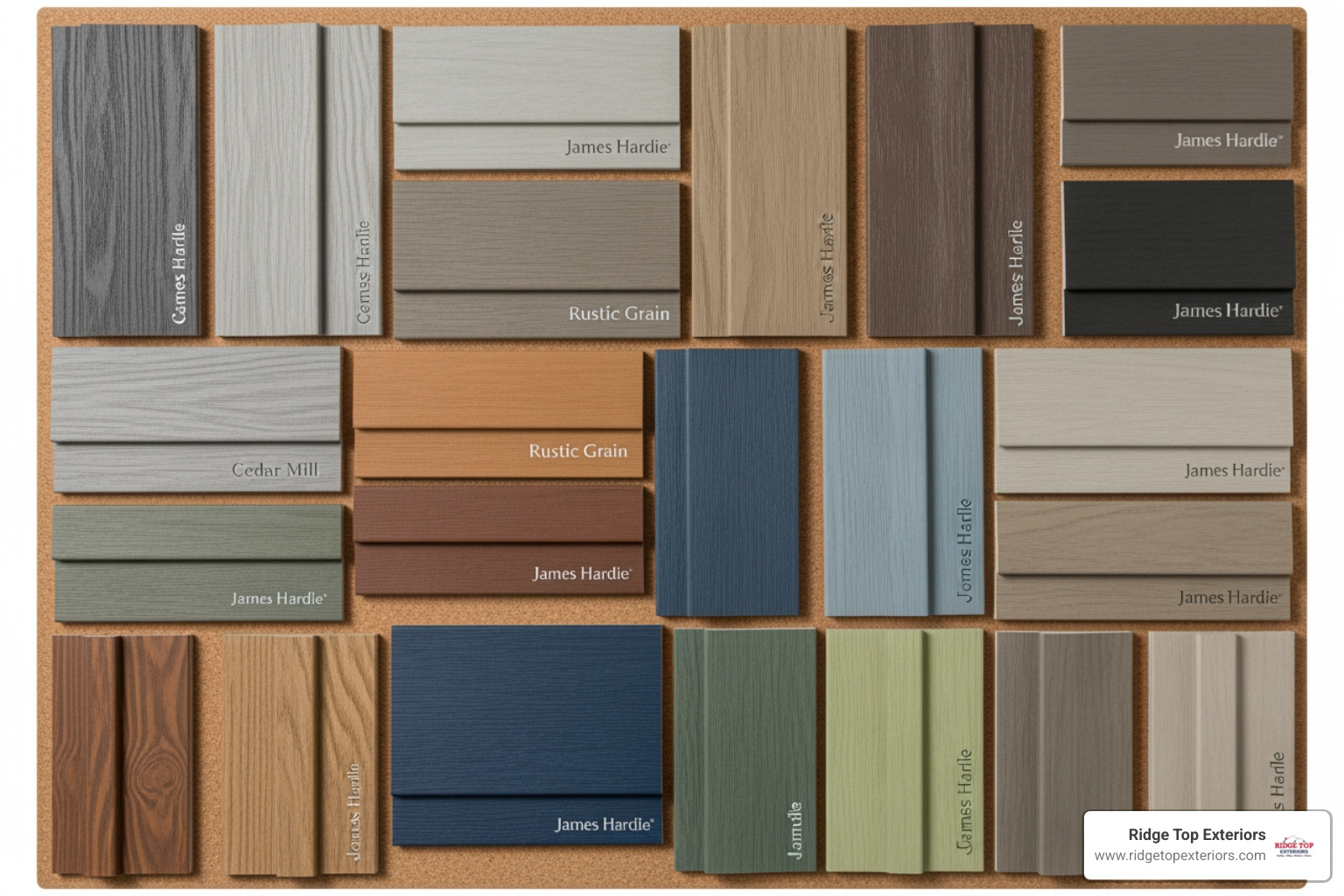 design board showing different Hardie siding styles and color samples - james hardie siding near me