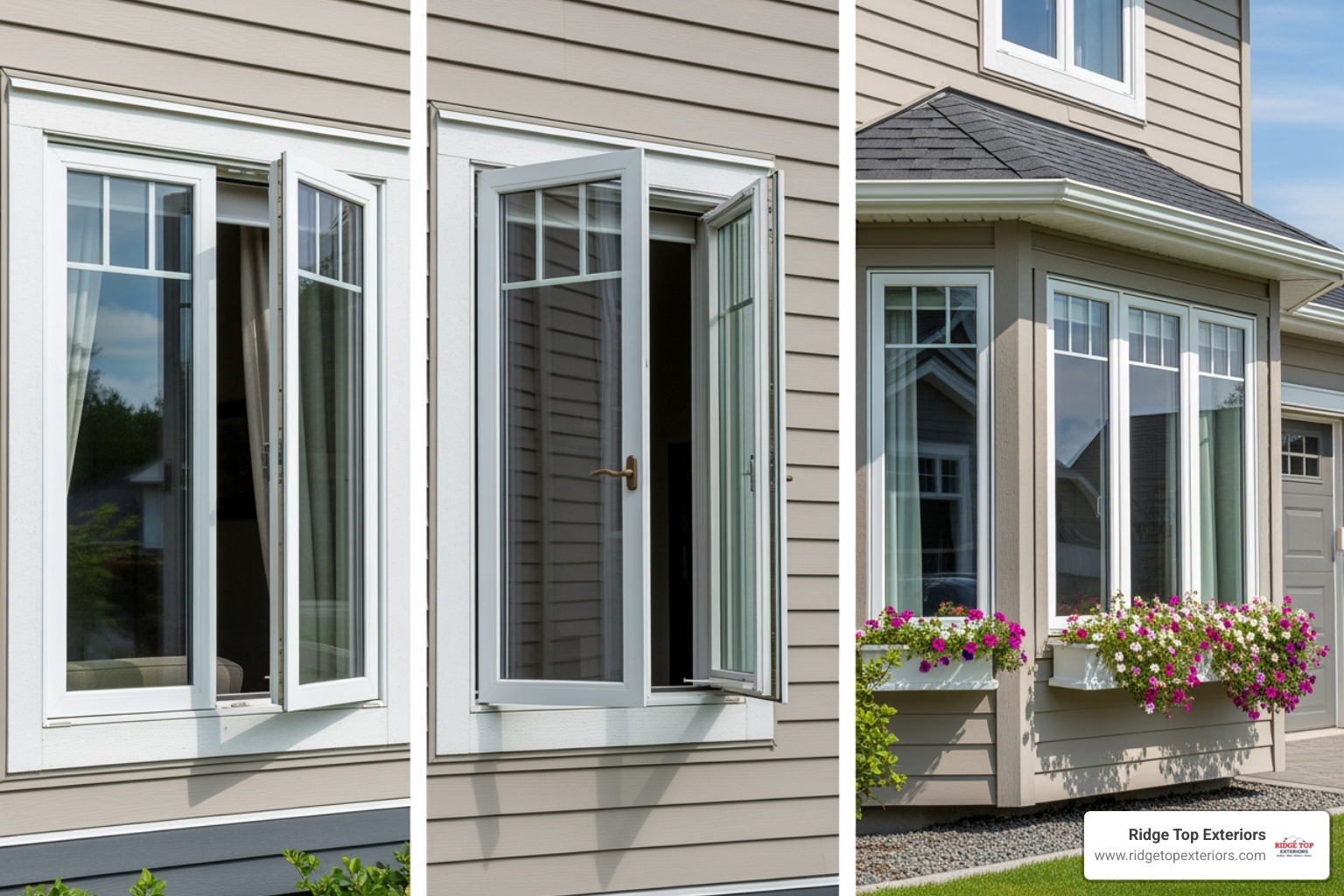 Image showcasing various window styles: a double-hung window with both sashes open, a casement window cranked outward, and a bay window extending from a house, highlighting different designs and functionalities - Window Replacement 